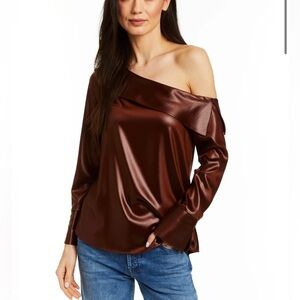 DREW||CHANTELLE OFF SHOULDER Satin SHIRT, in Purplish Blue, Size Med MSRP 242$